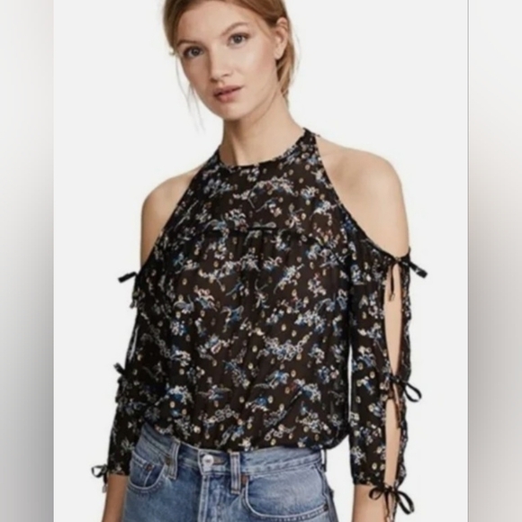 Veronica Beard Flynn Cold-Shoulder Floral Metalic Print Silk Blouse Size 2 - Picture 2 of 15